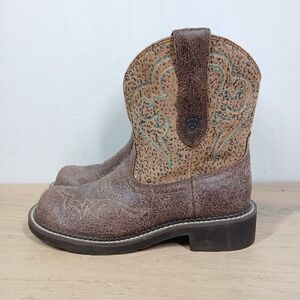 Ariat Western Boots Womens 7.5B Brown Leather Embroidered Pull On Block Heel